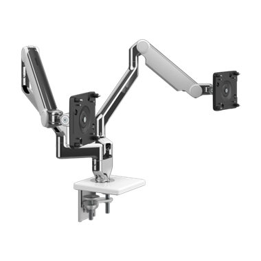 M/Flex With M2.1 Monitor Arms (2), Dual Two-Piece Clamp Mount Base, Polished Aluminum with White Trim